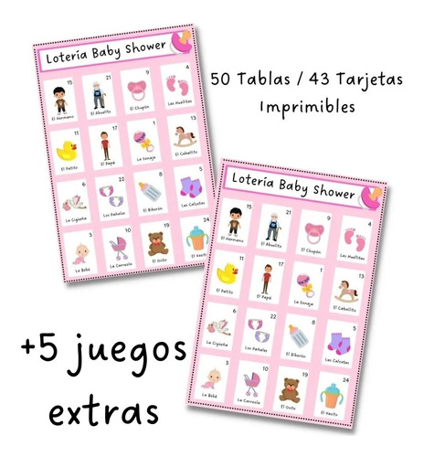 Kit Imprimible Loteria Baby Shower 50 Tablas Formato Pdf