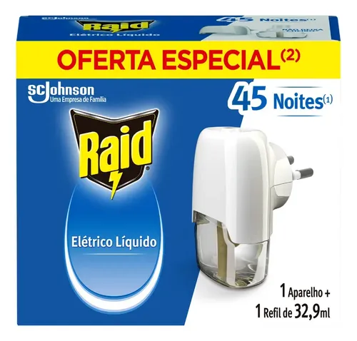 Embalagem do repelente elétrico líquido Raid 45 noites contendo um aparelho branco e um refil de 32,9ml