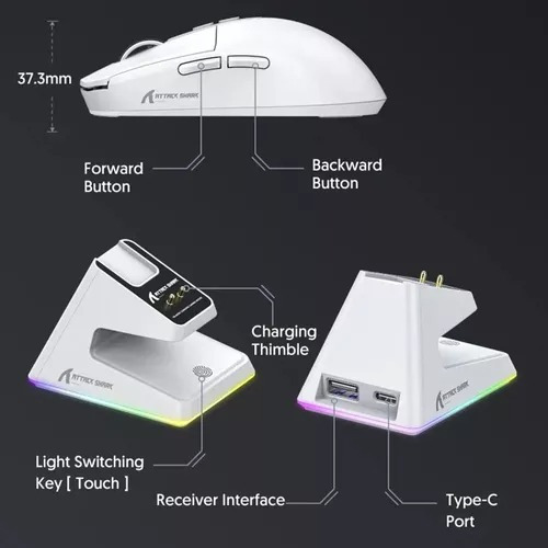 Mouse Gamer Attack Shark X6 Com Dock Rgb Branco 26000 Dpi Branco