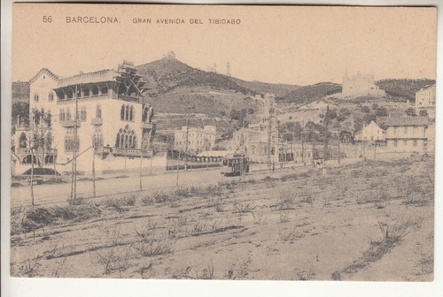 Antigua Postal Gran Avenida Tibidabo Con Tranvia Barcelona