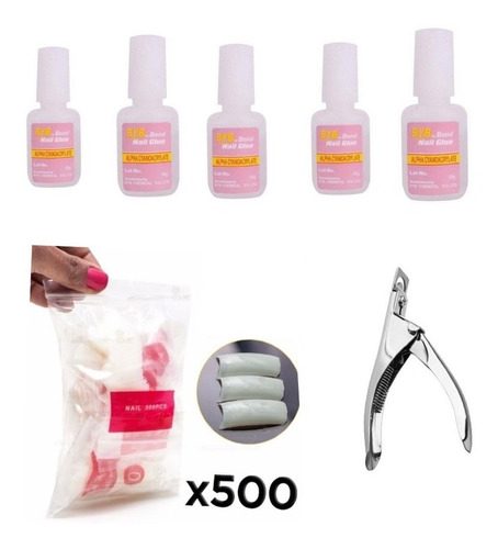 Kit 500 Tips + Alicate Cortador + 5 Cola Unhas Acrigel Gel.