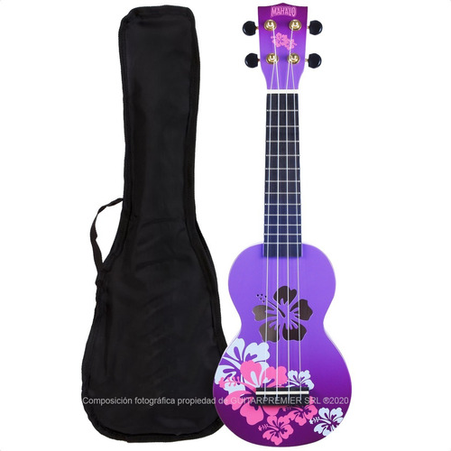 Ukelele Soprano Diseño Mahalo + Funda + Pua Hibiscus Violeta