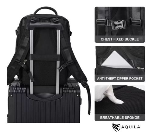 Mochila Viaje Carry On Aquila Calidad Deluxe Reforzada Color Negro Diseño De La Tela Liso