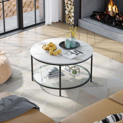 2-tier Round Coffee Table Marble Center Cocktail Table W Eem