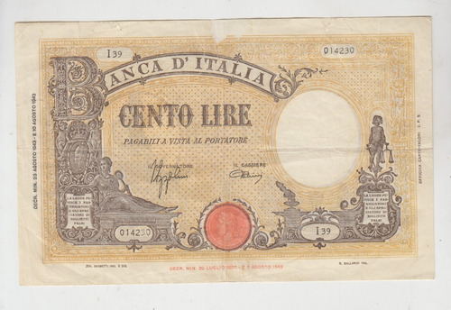 Billete Italia 100 Liras Año 1943 Muy Bueno-con Detalles