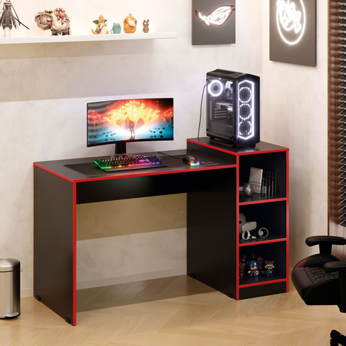 Mesa Gamer Zetra Espaço Para Gabinete Computador Verm / Prt