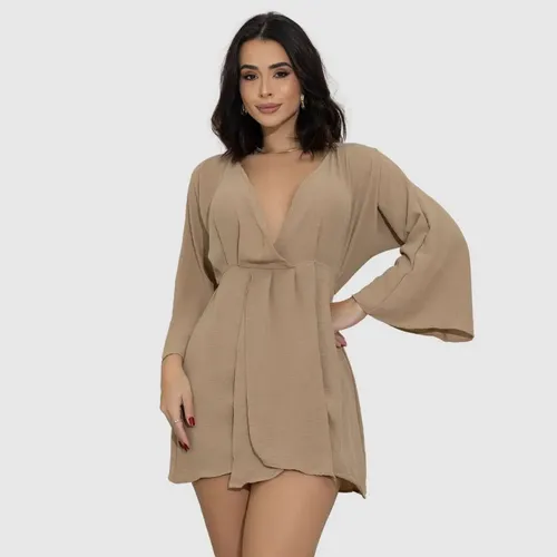 Vestido Feminino Social Curto Manga Flare Decote Profundo  Nude Único