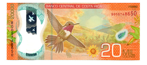 Billete De Costa Rica 20,000 Colones, Colibrí Chispita, 2019