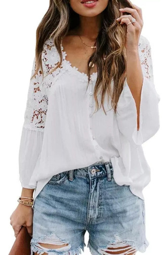 Blusa Mujer Suelto Encaje Cuello En V Manga Larga