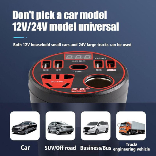 Inversor De Corriente Para Coche De 12 V/24 V A 220 V, Toma