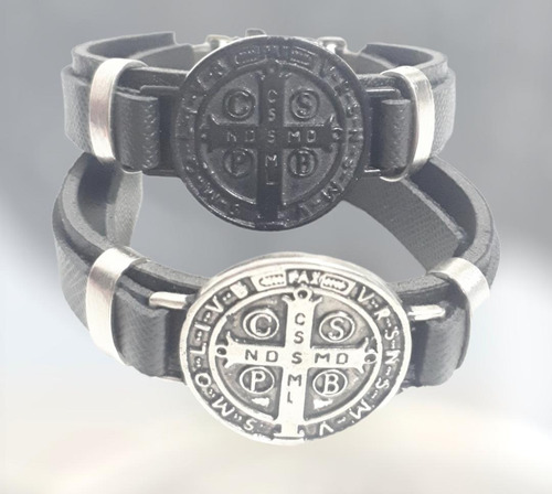 Pulseira De Couro Medalha De São Bento Reajustável