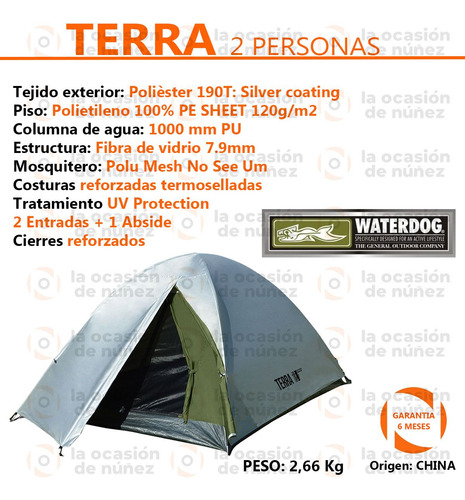 Carpa Trekking Waterdog Terra 2 Personas 2 Entradas