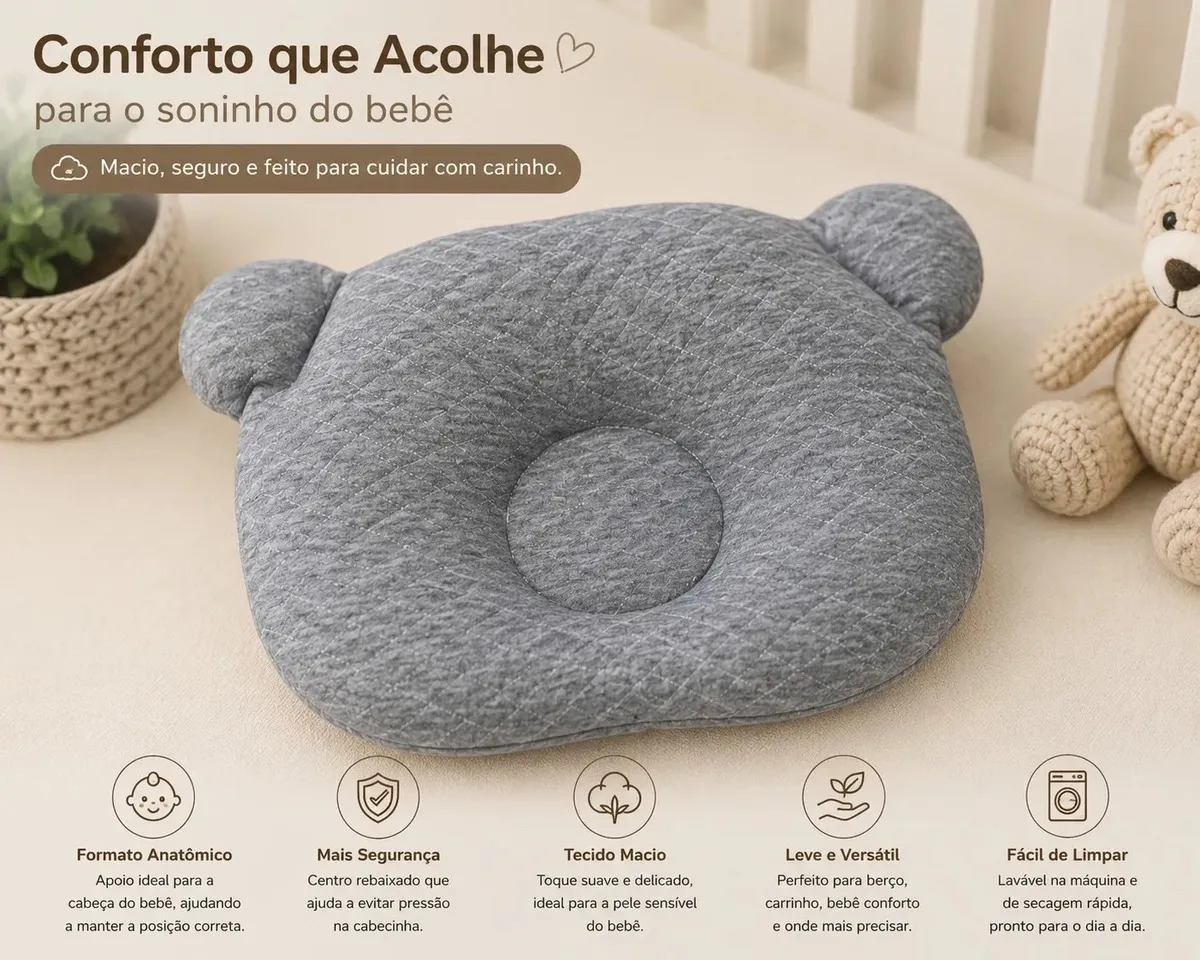 Travesseiro Almofada Rn Bebê Anatômico Para Bebê Cinza