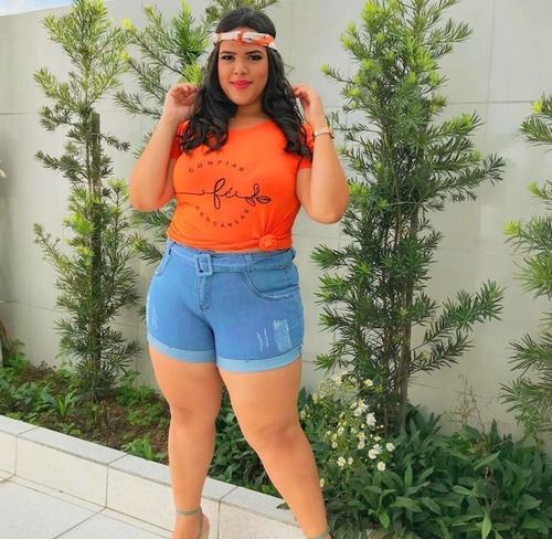 Short Plus Size Feminino Jeans Curto C Lycra E Cinto Fivela