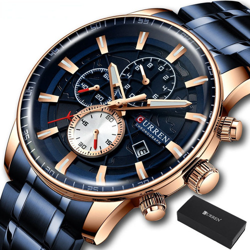 Relógio de quartzo com cronógrafo de aço Curren Steel - pulseira azul