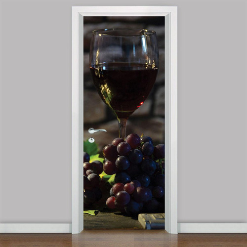 Adesivo De Porta De Cozinha Taça De Vinho E Uvas 215x80cm