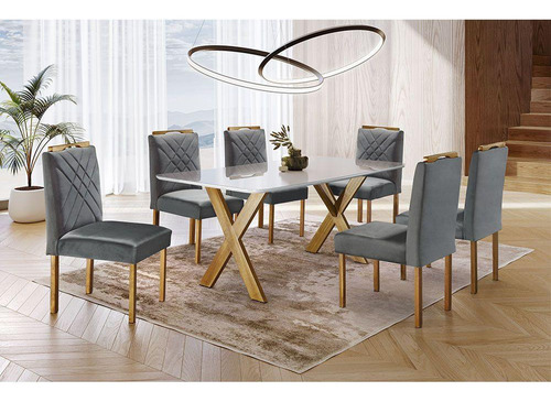 Sala Jantar 6 Lugares Mesa Vidro Móveis Mundial Cinza