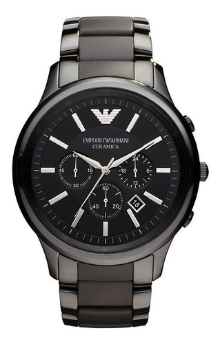 Relógio de pulso Emporio Armani AR1451 com corpo preto,  analógico, para masculino, fundo  preto, com correia de cerâmica cor preto, agulhas cor cinza e prateado, subdials de cor cinza e prateado, subesferas cor preto, ponteiro de minutos/segundos prateado, bisel cor preto e dobrável