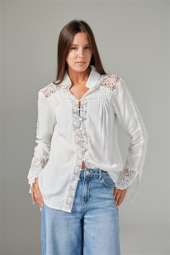 Camisa Premium Zanett Broderie Con Encaje Guk61 White