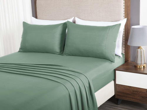 Juego De Sábanas De 4 Piezas Verde Salvia Matrimonial 110gsm
