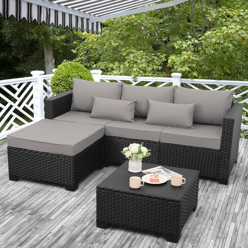 Juego De Muebles Sofa De Rattan Exterior Patio Negro 7 Pz Gris