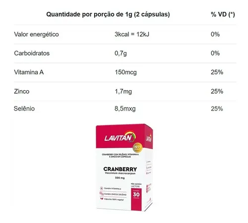 Suplemento Alimentar Lavitan Cranberry 500mg 30 Cápsulas Sem Sabor