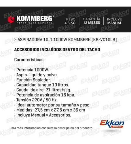 Imagen 2 de 9 de Aspiradora Sin Bolsa Kommberg Sopladora 10 Lts Polvo Liquido