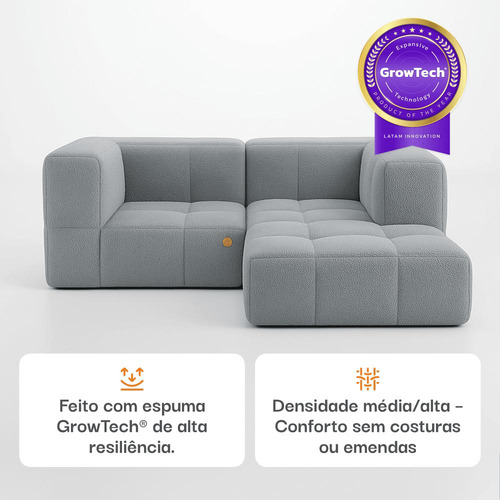 Sofá 2 Lugares Modular Na Caixa Em Boucle Com 1 Chaise Cinza