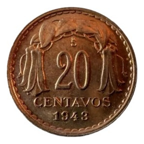 Moneda Chile 20 Centavos 1943 Cobre Casi Un (x975-x977