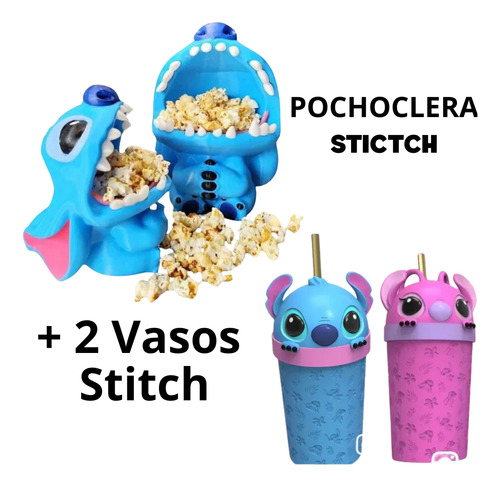 Balde Pochoclo Pochoclera Lilo & Stitch + 2 Vasos Combo Pack Celeste