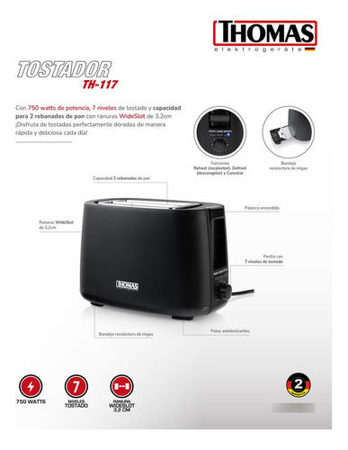 Tostador Thomas Th-117 2 Rebanadas 7 Niveles 750w Negro