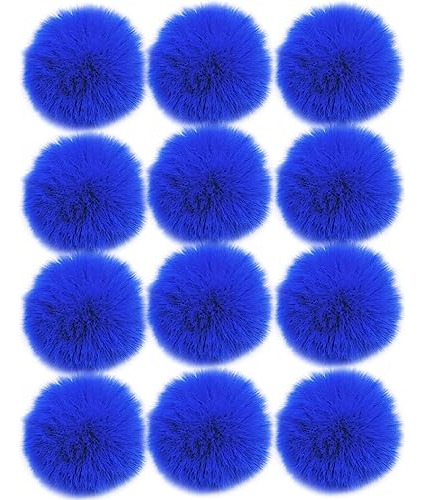 Pompones De Piel  Sintetica 8cm Ojal Elastico 12u Azul Franc
