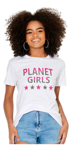 Blusa Branca Planet Girls Feminina Malha Estrelas Camiseta 