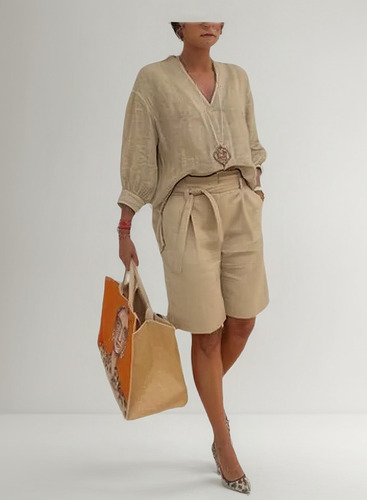 Conjunto De Camisa Y Pantalón De Lino Y Algodón Para Mujer
