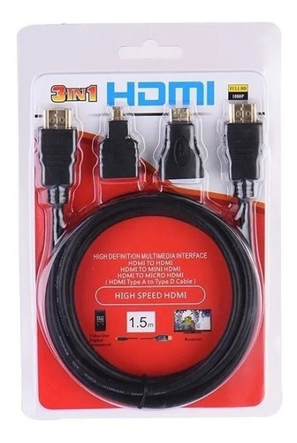 Cable Hdmi 3 En 1 Con Adaptadores A Mini Hdmi Y Micro Hdmi