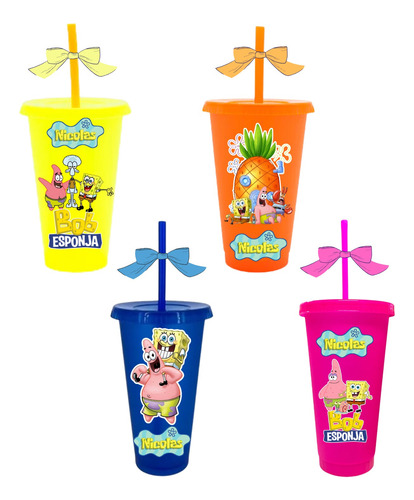 40 Vasos Reutilizables Liberty Bob Esponja Con Tapa 710 Ml Amarillo