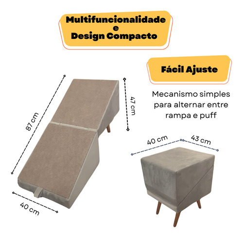 Rampa Escada Pet, Movel Puff Cachorro Gato Antiderrapante Cor Bege Tamanho 47cm Altura No Formato Rampa