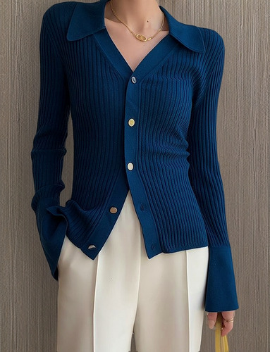 Cárdigan Azul De Punto Abierto Con Cuello En V Para Mujer, C