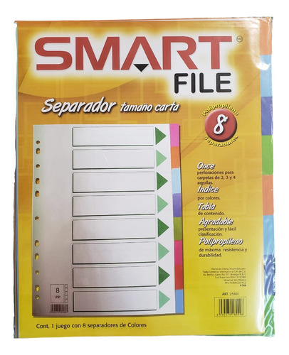 Separador Tamaño Carta Colores Con 8 Diviciones Smart File