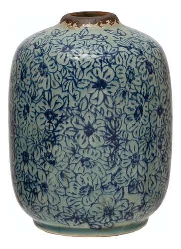 Creative Co-op Patrón Floral Terracota, Florero Azul Envej.