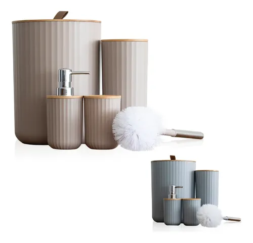 Kit Banheiro ‌Lavabo Bambu 4 ‌Peças Lixeira Escova ‌Dispenser Bege