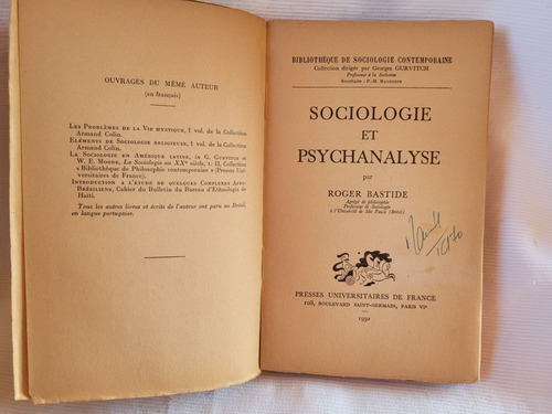 Imagen 3 de 6 de Sociologie Et Psychanalyse Roger Bastide Puf En Frances 1950