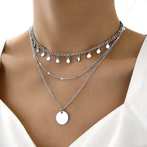 Colar Choker Prateado Camadas Com Pingente