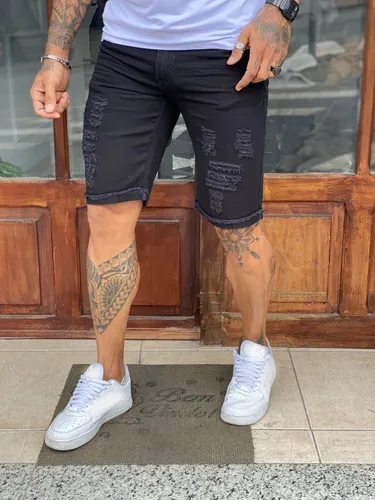 Bermuda Masculina Preta Rasgada E Desfiada Promo o