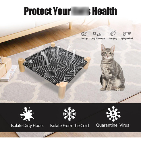 Cama Hamaca De Madera Elevada Para Mascotas Interiores Exter Diamante Negro + Flecha Gris + Gato Azul Diseño