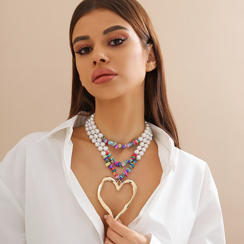 Collar Con Colgante De Corazón Grande De Amor Multicapa Para