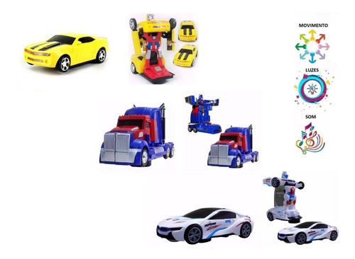 Kit Com 3 Carrinhos Vira Robô Luz Som Transformers Top