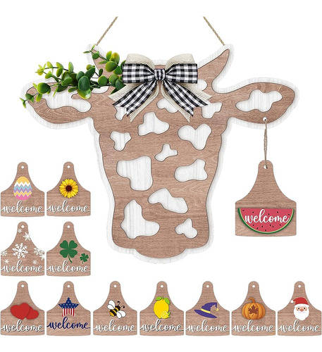 ~? Maitys 13 Pcs Cow Head Door Wreath Sign Welcome Cow Door 