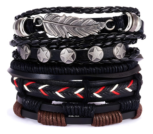 Pulseras De Moda Para Hombre De Cuero Genuino Pack 5