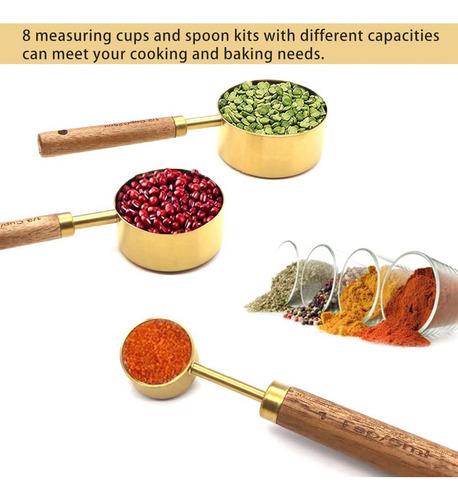 Juego De 8 Tazas Y Cucharas Medidoras, Mango De Madera Con S